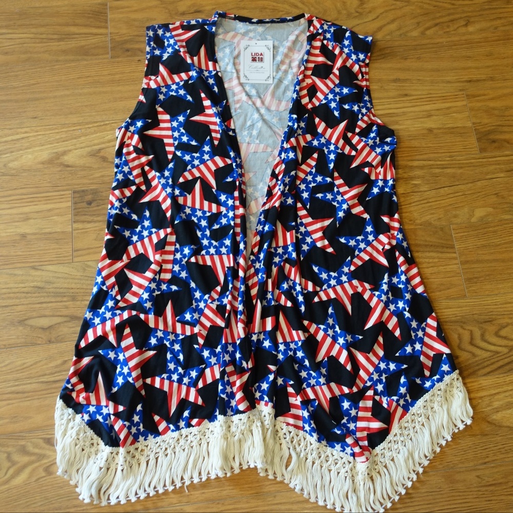 Patriotic US Flag Stars Kimono Vest Fringe Tassels